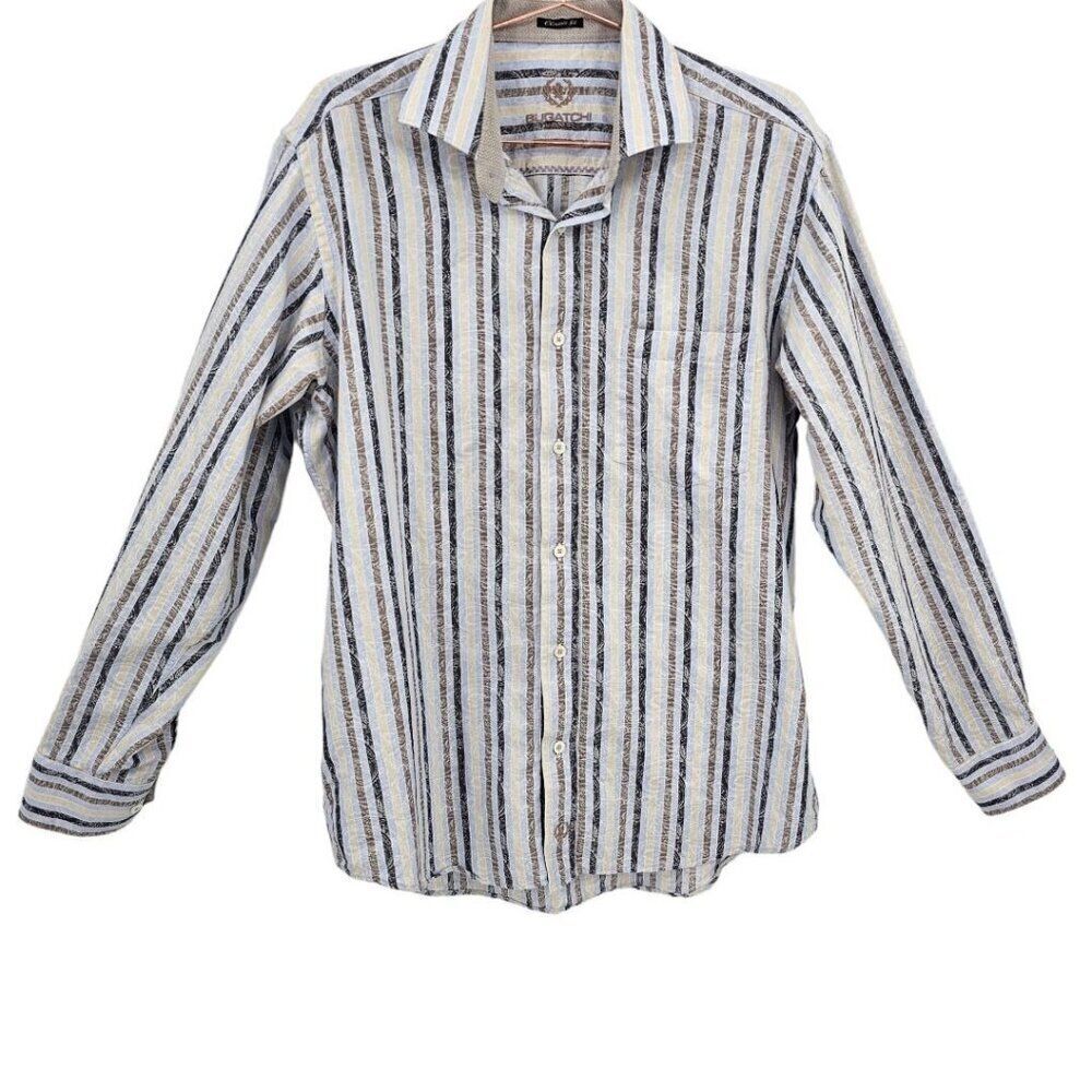 Bugatchi Mens Medium Classic Fit Striped Paisley Button Up Shirt